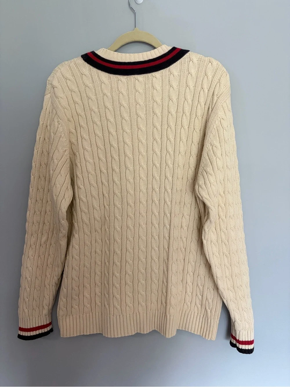 Vtg LANDS END Cable Knit Sweater Men’s L 42-44 V-Neck Preppy Academia Striped